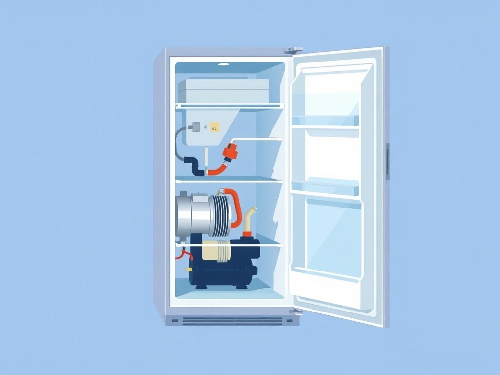 Flat vector illustration of refrigerator cross-section, compressor and coils (decorative, AI-generated)