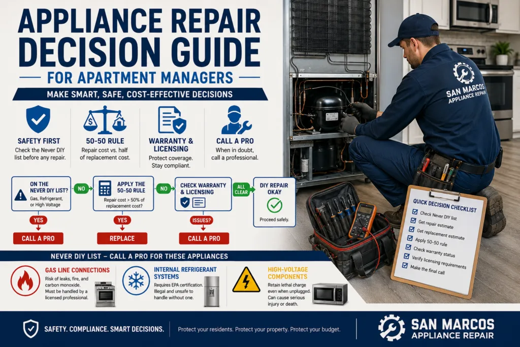 Infographic: appliance repair decision guide for apartment managers, showing the Never DIY list, the 50-50 cost rule, and a step-by-step flowchart for choosing between DIY repair and calling a licensed technician.