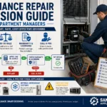 Infographic: appliance repair decision guide for apartment managers, showing the Never DIY list, the 50-50 cost rule, and a step-by-step flowchart for choosing between DIY repair and calling a licensed technician.