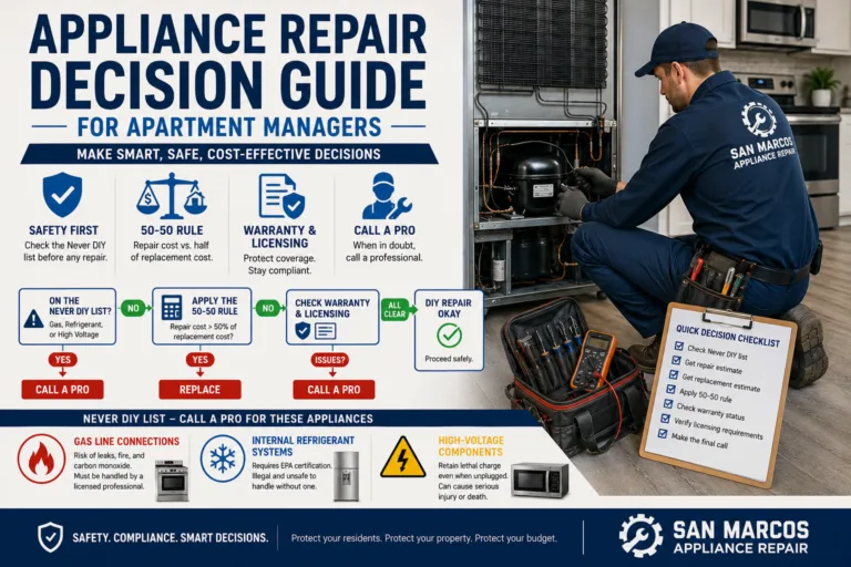 Infographic: appliance repair decision guide for apartment managers, showing the Never DIY list, the 50-50 cost rule, and a step-by-step flowchart for choosing between DIY repair and calling a licensed technician.