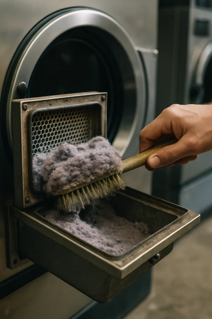 Commercial dryer lint compartment inspected