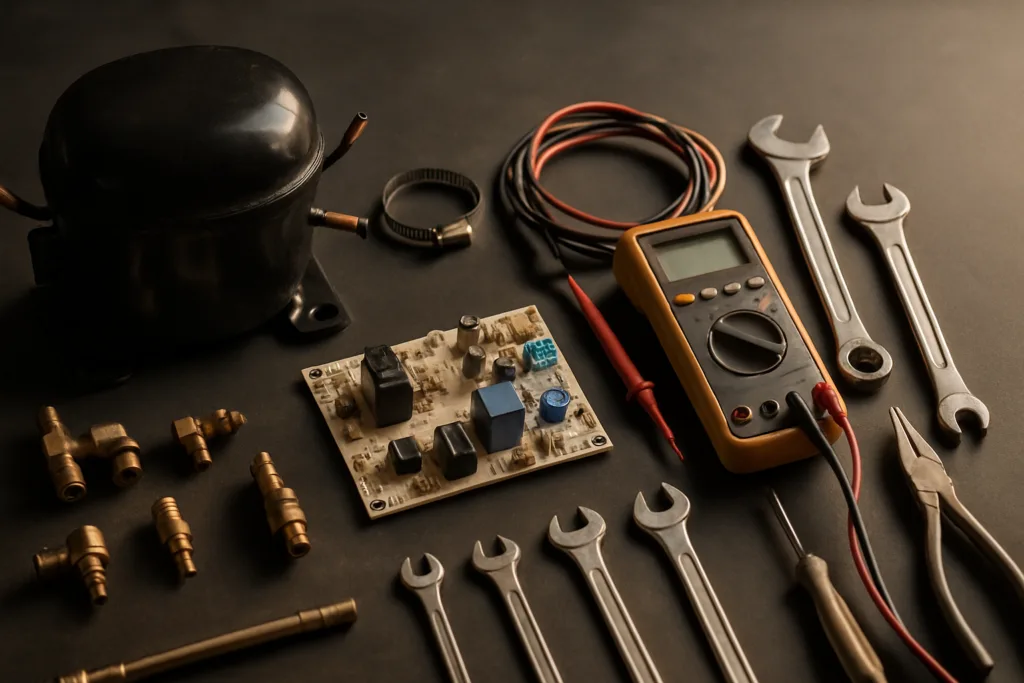 Appliance parts and tools representing the range of brands serviced