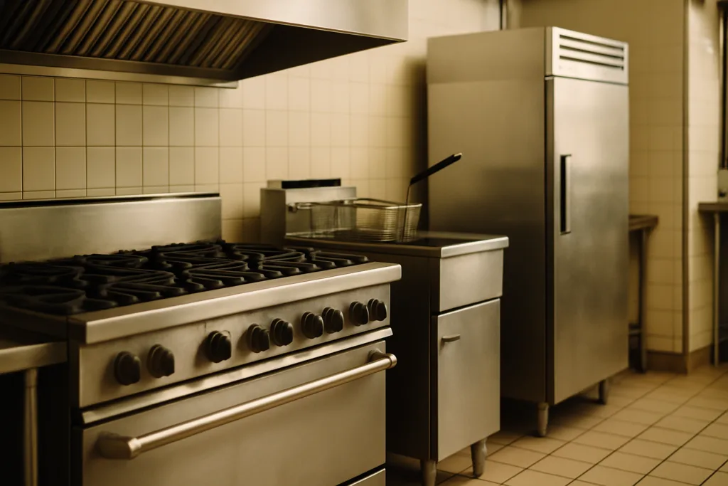 Fila de equipos de cocina comercial atendidos para cuentas de restaurantes