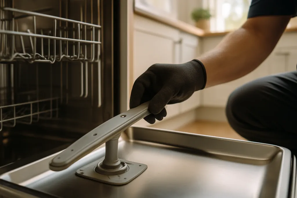Dishwasher spray arm inspected during a repair