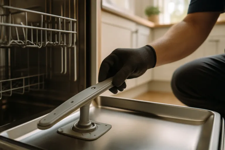 Dishwasher spray arm inspected during a repair