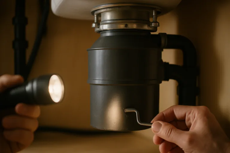 Garbage disposal unit inspected under a kitchen sink