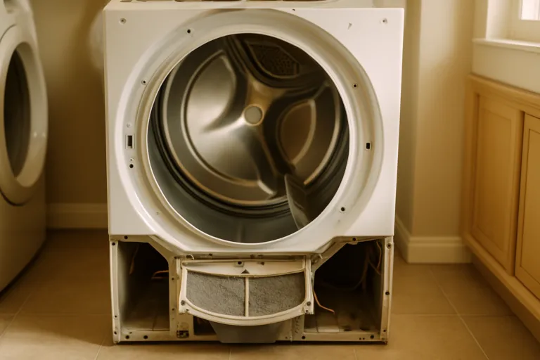 Dryer interior exposed during a repair inspection