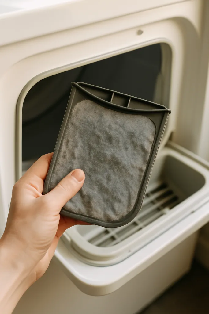 Dryer lint trap inspected for airflow