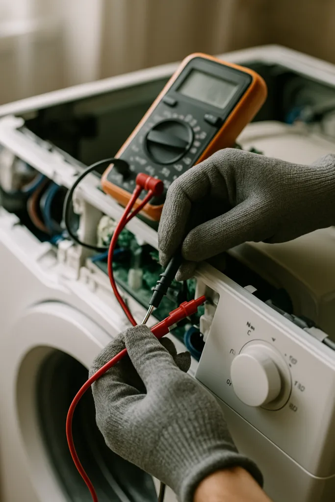 Technician testing a washing machine control panel during a repair